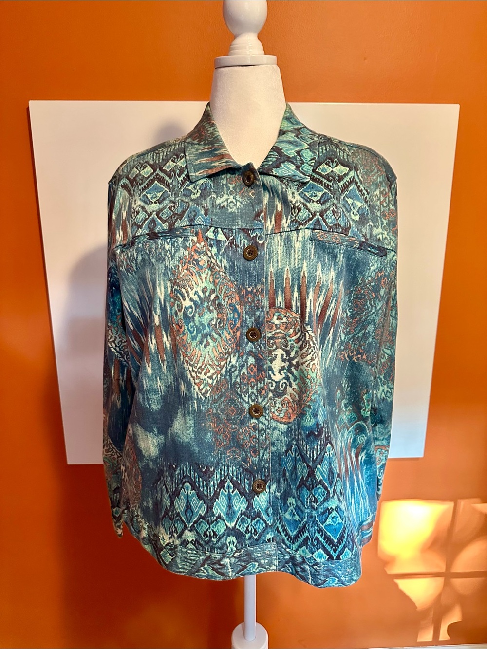 Coldwater Creek Blue Ikat Tribal Print Button Down Denim Jacket Plus Size 2X